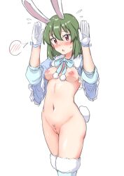 Rule 34 | 1girl, animal ears, blush, breasts, cleft of venus, embarrassed, female pubic hair, flying sweatdrops, gloves, green hair, groin, highres, idolmaster, idolmaster million live!, idolmaster million live! theater days, medium breasts, medium hair, nagayoshi subaru, navel, nipples, nose blush, open mouth, origomato, pubic hair, pussy, rabbit ears, rabbit tail, simple background, solo, sparse pubic hair, spoken blush, stomach, sweatdrop, tail, uncensored, white background, white gloves