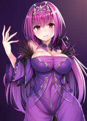 Rule 34 | 1girl, bare shoulders, breasts, caster (lostbelt), cleavage, commentary request, covered navel, fate/grand order, fate (series), long hair, long sleeves, looking at viewer, medium breasts, nano (syoutamho), purple hair, purple theme, red eyes, scathach (fate), scathach (fate), scathach skadi (fate), solo, standing, tiara
