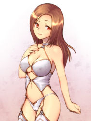 Rule 34 | 00s, 1girl, bare shoulders, breasts, brown hair, character request, choker, cleavage, covered erect nipples, female focus, final fantasy, final fantasy xi, gradient background, long hair, midriff, panties, personification, red eyes, shiriana, solo, thighhighs, underwear, white panties