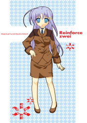 Rule 34 | 00s, 1girl, ahoge, blush, brown skirt, buttons, character name, copyright name, formal, hair ornament, hand on own hip, long sleeves, looking at viewer, lyrical nanoha, mahou shoujo lyrical nanoha, mahou shoujo lyrical nanoha strikers, military, military uniform, pencil skirt, pillarboxed, pocket, reinforce zwei, skirt, solo, standing, suit, text focus, uniform, x hair ornament, yu yu