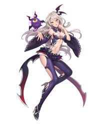 Rule 34 | 1girl, artist request, bare shoulders, breasts, cleavage, crossed arms, demon horns, demon tail, demon wings, detached collar, detached sleeves, full body, grey hair, hair ornament, high heels, highres, horns, lipstick, long hair, looking at viewer, makeup, medium breasts, navel, official art, outstretched hand, parted lips, sleeveless, smile, solo, tail, tenshi mikadokuni, transparent background, wide sleeves, wings, yellow eyes