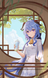 Rule 34 | 1girl, absurdres, architecture, bell, black skirt, blue hair, blue sky, chinese clothes, cloud, cloudy sky, commentary, cup, disposable cup, drinking straw, east asian architecture, english commentary, ganyu (genshin impact), ganyu (heytea) (genshin impact), genshin impact, goat horns, hair between eyes, highres, holding, holding cup, horns, indoors, long hair, long sleeves, looking at viewer, low ponytail, neck bell, official alternate costume, pleated skirt, purple eyes, shenhe (genshin impact), shenhe (heytea) (genshin impact), shirt, sidelocks, skirt, sky, solo, white shirt, window, zx961219