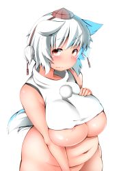 Rule 34 | 1girl, animal ears, areola slip, bare shoulders, blush, bottomless, breasts, eyebrows, fang, fang out, fat, frown, groin, hat, highres, inubashiri momiji, large breasts, looking at viewer, navel, nipple slip, nipples, pom pom (clothes), shishi juuroku, short hair, shy, solo, tail, thick eyebrows, tokin hat, touhou, underboob, undersized clothes, white background, white hair, wolf ears, wolf tail