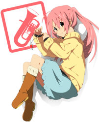 Rule 34 | boots, brown eyes, dodome-iro mayonnaise, euphonium, instrument, jewelry, k-on!, long hair, miura akane, necklace, parody, pink hair, ponytail, solo