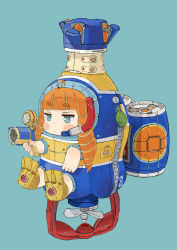 Rule 34 | 1girl, ahoge, blue background, blue eyes, blunt bangs, closed mouth, commentary request, costume, ebimomo, flippers, holding, jitome, orange hair, orangina, personification, short eyebrows, sidelocks, simple background, solo, thick eyebrows, turbine