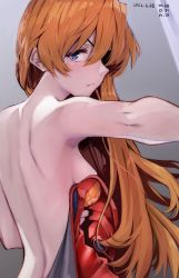 Rule 34 | 1girl, 2022, back, blue eyes, blush, bodysuit, closed mouth, covering privates, covering breasts, dated, embarrassed, eyepatch, grey background, hair between eyes, highres, long hair, looking at viewer, looking back, neon genesis evangelion, nude, open bodysuit, open clothes, orange hair, plugsuit, rebuild of evangelion, simple background, solo, souryuu asuka langley, undressing, very long hair, yagisawa teru