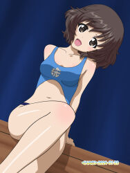 Rule 34 | 1girl, akiyama yukari, blush, breasts, brown eyes, brown hair, collarbone, crossed legs, dated, girls und panzer, highres, looking at viewer, naotosi, navel, open mouth, short hair, signature, sitting, small breasts, smile, solo, swimsuit