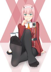Rule 34 | 10s, 1girl, black pantyhose, blush, darling in the franxx, feet, green eyes, hair ornament, highres, horns, looking at viewer, lululewd, military, military uniform, pantyhose, pink hair, red horns, shoes, unworn shoes, sitting, smile, soles, solo, toes, uniform, zero two (darling in the franxx)