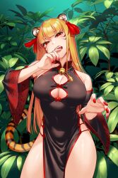 Rule 34 | 1girl, animal ears, black dress, blonde hair, breasts, china dress, chinese clothes, chinese zodiac, cleavage cutout, clothing cutout, commentary request, detached sleeves, dress, facial mark, fang, highres, large breasts, long hair, nature, oono kanae, open mouth, original, outdoors, plant, red eyes, red nails, solo, tail, teeth, tiger ears, tiger girl, tiger tail, year of the tiger