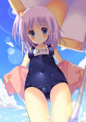 Rule 34 | 1girl, bad id, bad pixiv id, bekotarou, blue eyes, blush, breasts, cameltoe, cloud, day, from below, hair ornament, lens flare, looking down, one-piece swimsuit, original, purple hair, school swimsuit, shiny clothes, short hair, side ponytail, sky, solo, sun, swimsuit, towel, umbrella