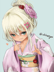 Rule 34 | 1girl, :d, akino shuu, blonde hair, blue background, bow, collarbone, commentary request, floral print, flower, grecale (kancolle), green eyes, hair between eyes, hair bow, hair flower, hair ornament, japanese clothes, kantai collection, kimono, long sleeves, looking at viewer, obi, open mouth, pink bow, pink flower, pink kimono, print kimono, red flower, sash, sidelocks, simple background, sleeves past wrists, smile, solo, tan, twitter username, wide sleeves