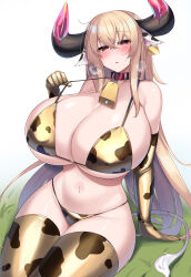 Rule 34 | 1girl, absurdres, animal ears, animal print, arm support, bell, bikini, blonde hair, blush, breasts, cleavage, commentary request, cow ears, cow horns, cow print, cow print bikini, cow print gloves, cow print thighhighs, cow tail, cowbell, crossed bangs, curvy, ear tag, elbow gloves, gloves, gold bikini, gold gloves, gold thighhighs, gradient background, grass, highres, horns, huge breasts, kubiwa (kutan), kutan, long hair, looking at viewer, navel, open mouth, original, print bikini, print gloves, print thighhighs, red eyes, sitting, solo, swimsuit, tail, thighhighs, very long hair, white background