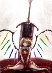Rule 34 | 1girl, ascot, blonde hair, blood, closed mouth, commentary request, crystal, flandre scarlet, full body, greatsword, hair between eyes, hair ribbon, highres, huge weapon, looking at viewer, no headwear, planted, planted sword, planted weapon, pool of blood, puffy short sleeves, puffy sleeves, red eyes, red ribbon, red skirt, red vest, ribbon, ripples, short hair, short sleeves, side ponytail, sinkai, sitting, skirt, skirt set, smile, solo, sword, touhou, v arms, vest, wariza, weapon, wings