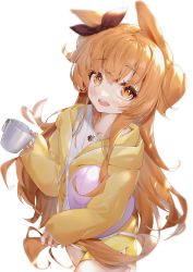 Rule 34 | 1girl, :d, absurdres, animal ears, bow, brown eyes, brown hair, brown ribbon, collarbone, commentary request, cup, ear ribbon, highres, holding, holding cup, hood, hood down, hooded jacket, horse ears, jacket, long hair, long sleeves, looking at viewer, mayano top gun (umamusume), open clothes, open jacket, open mouth, pola (1021), ribbon, shirt, short shorts, shorts, simple background, sleeves past wrists, smile, solo, teeth, two side up, umamusume, upper teeth only, very long hair, white background, white shirt, yellow jacket, yellow shorts