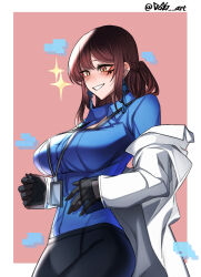 Rule 34 | 1girl, absurdres, artist name, black gloves, black skirt, blue shirt, blush, border, braid, breasts, brown eyes, brown hair, dogs (dlrkdejr26), earrings, facial mark, female commander (girls&#039; frontline), female professor (neural cloud), french braid, girls&#039; frontline, girls&#039; frontline neural cloud, gloves, half updo, highres, id card, jewelry, korean commentary, large breasts, long hair, looking away, open clothes, open mouth, open robe, pink background, professor (neural cloud), robe, shirt, sidelocks, simple background, skirt, smile, solo, twitter username, upper body, white border, white robe