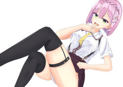 1girl :3 :d \m/ absurdres all_happy black_hairband black_thighhighs blunt_bangs blunt_ends bob_cut brown_skirt clothes_lift collared_shirt commentary crossed_legs dutch_angle fang feet_out_of_frame finger_to_mouth green_eyes hair_ornament hairband hairclip hand_up high-waist_skirt highres lifting_own_clothes looking_at_viewer mesugaki necktie o-ring o-ring_thigh_strap open_mouth panties pink_hair pleated_skirt raised_eyebrows shirt short_hair short_sleeves simple_background skindentation skirt skirt_lift smile solo straight_hair suspender_skirt suspenders tanikaze_amane tenshi_souzou_re-boot! thigh_strap thighhighs thighs tsurime underwear white_background white_panties white_shirt x_hair_ornament yellow_necktie