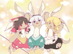 3girls animal_ears black_hair black_hairband black_shorts blonde_hair blue_eyes bow braid brown_background commentary_request fang frilled_bow frilled_hair_tubes frills full_body furry furry_female fusion green_shorts grey_hair guuchama hair_bow hair_tubes hairband hakurei_reimu kirisame_marisa konpaku_youmu long_hair looking_at_viewer made_in_abyss multiple_girls nanachi_(made_in_abyss) navel open_mouth rabbit_ears red_bow red_eyes red_shorts short_hair shorts side_braid single_braid smile touhou white_bow