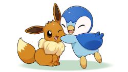 Rule 34 | blush, commentary request, creatures (company), eevee, closed eyes, game freak, gen 1 pokemon, gen 4 pokemon, nintendo, no humans, official art, open mouth, piplup, pokemon, pokemon (creature), project pochama, sitting, smile, toes, tongue, white background
