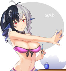 Rule 34 | 1girl, absurdres, antenna hair, applying manicure, bandeau, bikini, black hair, blue nails, bone hair ornament, breasts, chain, cleavage, collar, fins, fish bone, front-tie bikini top, front-tie top, hair between eyes, hair ornament, head fins, highres, indie virtual youtuber, large breasts, long hair, mermaid, monster girl, multicolored hair, murmaider, nail polish, nail polish bottle, navel, outstretched arm, painting nails, ponytail, purple bikini, raised eyebrow, shi qi kuang beng, solo, stomach, strapless, strapless bikini, swimsuit, table, two-tone hair, virtual youtuber, webbed hands, white hair