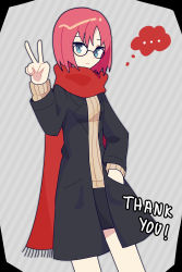 Rule 34 | ..., 1girl, aarysu, absurdres, alternate costume, black-framed eyewear, black jacket, black skirt, blue eyes, closed mouth, commentary, english commentary, expressionless, glasses, hand in pocket, highres, hisui (tsukihime), jacket, long sleeves, looking at viewer, miniskirt, open clothes, open jacket, pocket, red hair, red scarf, ribbed sweater, scarf, short hair, skirt, solo, sweater, thank you, thought bubble, tsukihime, v, yellow sweater