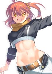 Rule 34 | 1girl, belt, breasts, brown belt, clothing request, commentary request, fate/grand order, fate (series), fujimaru ritsuka (female), fujimaru ritsuka (female) (true ether chaldea uniform), hair ornament, hair scrunchie, large breasts, looking at viewer, medium hair, midriff, navel, official alternate costume, orange hair, orange scrunchie, pants, rkp, scrunchie, side ponytail, simple background, smile, solo, white background, white pants