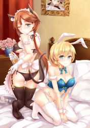 Rule 34 | 2girls, alcohol, animal ears, apron, ass, bad anatomy, bare shoulders, black bra, black legwear, black panties, blonde hair, blue eyes, blush, bottle, bouquet, bow, bra, breasts, rabbit ears, rabbit tail, cat ears, cat tail, cleavage, corset, cup, drinking glass, covered erect nipples, fake animal ears, flower, frilled panties, frills, garter straps, gloves, hair ornament, hairband, highres, kneeling, long hair, looking at viewer, looking back, maid headdress, medium breasts, multiple girls, nelson (warship girls r), on bed, one eye closed, orange hair, panties, portrait (object), rodney (warship girls r), seiza, shot glass, sitting, smile, star (symbol), star hair ornament, strap gap, tail, thighhighs, underwear, very long hair, warship girls r, white gloves, white legwear, white panties, wrist cuffs, yuemanhuaikong