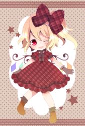 Rule 34 | 1girl, ;d, bad id, bad pixiv id, blonde hair, blush, bow, dress, fang, female focus, flandre scarlet, gloves, hair bow, haru (citron citron), highres, looking at viewer, one eye closed, open mouth, plaid, plaid dress, polka dot, polka dot background, red eyes, side ponytail, smile, solo, star (symbol), touhou, wings, wink