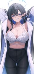 Rule 34 | 1girl, bikini, black hair, black pantyhose, blue archive, blue eyes, blue halo, blush, breasts, cleavage, coat, collarbone, colored inner hair, giga-tera, glasses, grin, hair between eyes, halo, highres, large breasts, long hair, long sleeves, looking at viewer, multicolored hair, open clothes, open coat, pantyhose, pointy ears, rin (blue archive), simple background, smile, solo, swimsuit, very long hair, white background, white bikini, white coat