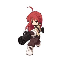 Rule 34 | 1girl, ahoge, boots, brown gloves, brown jacket, brown pants, chibi, closed mouth, crop top, cross-laced footwear, frown, full body, fur-trimmed sleeves, fur trim, gatling gun, gloves, gun, gunslinger (ragnarok online), holding, holding gun, holding weapon, jacket, long hair, looking at viewer, minigun, official art, pants, ragnarok online, red eyes, red hair, simple background, solo, standing, tachi-e, transparent background, v-shaped eyebrows, weapon, white footwear, yuichirou