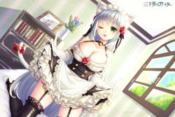 Rule 34 | 1girl, :d, animal ears, bare shoulders, bell, black thighhighs, bookshelf, breasts, cat ears, cat tail, cleavage, clothes lift, cowboy shot, dress, dress lift, dutch angle, flower, frills, garter straps, green eyes, hair flower, hair ornament, huziimiyuu, indoors, jingle bell, kneeling, large breasts, lifting own clothes, long hair, looking at viewer, maid, official art, on bed, open mouth, picture frame, sanzenkai no avatar, smile, solo, striped, tail, thighhighs, vase, very long hair, wallpaper (object), watermark, window