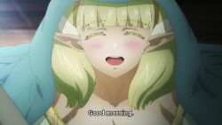 Rule 34 | 1boy, 1girl, animated, anime screenshot, black hair, blonde hair, blue eyes, blush, breasts, cleavage, collarbone, elf, hairband, hand on another&#039;s chest, highres, jewelry, kekkon yubiwa monogatari, large breasts, nephrites lomka, off shoulder, pajamas, pointy ears, ring, satou haruto, smile, sound, subtitled, tagme, under covers, video, wedding ring