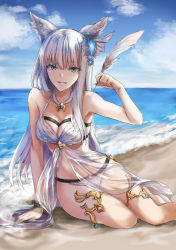 Rule 34 | 1girl, :d, absurdres, animal ears, arm support, beach, bikini, blue eyes, blue sky, blunt bangs, bracelet, breasts, cleavage, cloud, collarbone, day, feathers, granblue fantasy, highres, holding, holding feather, jewelry, korwa, long hair, looking at viewer, medium breasts, o-ring, o-ring bikini, ocean, open mouth, outdoors, see-through, silver hair, sitting, sky, smile, solo, suprii, swimsuit, thighlet, very long hair, white bikini