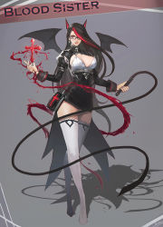 Rule 34 | 1girl, arm strap, bat wings, belt pouch, bible (object), black-framed eyewear, black dress, black hair, blood, breasts, cleavage, cleavage cutout, clothing cutout, cross, crossed legs, dress, earrings, full body, glasses, hand up, holding, jewelry, juliet sleeves, large breasts, leather suit, long hair, long sleeves, magic, multicolored hair, nose, original, pouch, puffy sleeves, red hair, shadow, short dress, smjim1986, solo, standing, streaked hair, thighhighs, turtleneck, two-tone hair, very long hair, warrior, whip, white thighhighs, wings