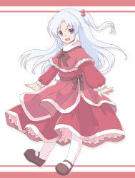 Rule 34 | 1girl, black bow, black sash, blue eyes, bow, brown footwear, dress, ellipsis (mitei), frilled dress, frills, full body, hair bobbles, hair ornament, highres, long hair, long sleeves, mary janes, open mouth, pantyhose, red dress, red skirt, sash, shinki (touhou), shoes, side ponytail, silver hair, skirt, touhou, touhou (pc-98), white pantyhose
