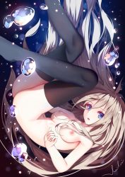 Rule 34 | 1girl, ass, bad id, bad pixiv id, blue eyes, breasts, brown hair, bubble, fetal position, gradient background, highres, ia (vocaloid), long hair, navel, nipples, nude, solo, thighhighs, underwater, upside-down, veilrain, vocaloid