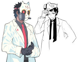Rule 34 | 1boy, black gloves, black hair, closed mouth, coat, gas mask, gloves, gradient hair, half-closed eyes, hand on mask, highres, kometsubu, lab coat, male focus, mask, mask lift, multicolored hair, necktie, original, red neckwear, simple background, smile, white background, white coat