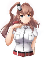 Rule 34 | 10s, 1girl, anchor, ascot, belt, blue eyes, breast pocket, breasts, brown hair, dress shirt, hair between eyes, impossible clothes, kantai collection, large breasts, long hair, looking at viewer, neckerchief, pocket, ponytail, red neckerchief, saratoga (kancolle), shirt, side ponytail, sidelocks, smile, solo, upper body, yukimi unagi