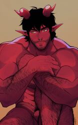 Rule 34 | 1boy, absurdres, arm hair, bara, beard, black hair, borrowed character, closed mouth, collarbone, colored skin, covered penis, cowboy shot, demon horns, dominique (the devil and s-13), facial hair, facing viewer, gradient background, hand on own arm, highres, horns, knee up, leg hair, looking to the side, male focus, muscular, muscular male, mustache, orange background, pointy ears, pubic hair, red skin, seupil hyugo (spirohugo), sideburns, solo, testicles, the devil and s-13