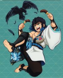 Rule 34 | 1boy, absurdres, barefoot, bird, black hair, blue background, blue hair, crow, dual wielding, food, full body, green eyes, hashibira inosuke, highres, holding, holding food, kimetsu no yaiba, kimetsu no yaiba hinokami keppuutan, male focus, multicolored hair, muscular, nipples, official art, open mouth, pig mask, solo, topless male