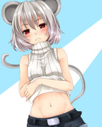 Rule 34 | 1girl, alternate costume, animal ears, bad id, bad pixiv id, belt, blush, clothes lift, crossed arms, female focus, frown, groin, lifting own clothes, looking at viewer, midriff, mouse ears, mouse tail, navel, nazrin, nnyara, nyara nico, red eyes, ribbed sweater, short hair, shorts, simple background, sleeveless, sleeveless turtleneck, solo, sweater, sweater lift, tail, touhou, turtleneck