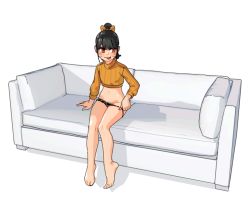 Rule 34 | 1girl, bare legs, barefoot, black hair, black panties, commentary request, couch, cropped sweater, facial mark, full body, highres, long hair, long sleeves, no pants, noyemik, on couch, orange eyes, orange sweater, original, panties, panty pull, ponytail, pulled by self, simple background, sitting, solo, sweater, toes, tongue, tongue out, underwear, whisker markings, white background