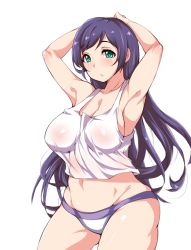 Rule 34 | 10s, 1girl, armpits, arms up, bad id, bad pixiv id, blush, breasts, cleavage, groin, large breasts, long hair, looking at viewer, love live!, love live! school idol project, moisture (chichi), navel, open mouth, panties, parted lips, purple hair, simple background, solo, tank top, tojo nozomi, underwear, white background
