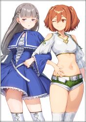 Rule 34 | 2girls, absurdres, bare shoulders, belt, blue dress, blue eyes, braid, breasts, cleavage, cleavage cutout, closed mouth, clothing cutout, collarbone, commentary request, cowboy shot, crop top, dress, frilled dress, frills, green shorts, grey hair, highres, kanne (sousou no frieren), kei (soundcross), lawine (sousou no frieren), locked arms, long hair, long sleeves, looking at viewer, medium breasts, medium hair, micro shorts, midriff, multiple girls, navel, one eye closed, orange eyes, orange hair, shirt, short shorts, shorts, shoulder cutout, simple background, smile, sousou no frieren, standing, stomach, thighhighs, thighs, two side up, white background, white shirt, white thighhighs, zettai ryouiki