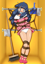 Rule 34 | 1girl, arms behind back, bdsm, blue eyes, blue hair, blush, bondage, bound, bound arms, bound legs, bow, bow panties, bowtie, broom, closet, clothes lift, clothes pull, collar, creatures (company), daikinbakuju, dawn (pokemon), dress, dress lift, dress pull, dustpan, female focus, flat chest, gag, gagged, game freak, highres, improvised bondage, improvised gag, indoors, kidnapped, looking at viewer, nervous, nervous sweating, nintendo, panties, peril, pink dress, pokemon, pokemon (anime), pokemon dppt (anime), puffy short sleeves, puffy sleeves, rag, restrained, rope, scared, short sleeves, solo, solo focus, sweat, sweatdrop, tape, tape gag, underwear, upskirt, white panties