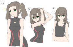 Rule 34 | 1girl, absurdres, adjusting hair, bare arms, bare shoulders, black tank top, bodysuit, commentary request, cropped torso, forehead, green eyes, hair ornament, hairclip, highres, kamidan, light brown hair, looking at viewer, medium hair, multiple views, navel, parted lips, revision, shania (xenoblade), simple background, skin tight, sleepy, tank top, turtleneck, twintails, white background, xenoblade chronicles (series), xenoblade chronicles 3