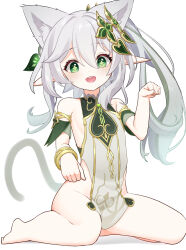 Rule 34 | + +, 1girl, :d, absurdres, animal ear fluff, animal ears, armlet, armpit crease, bare shoulders, barefoot, blush, breasts, cat ears, cat girl, cat tail, detached sleeves, dot nose, dress, full body, genshin impact, green eyes, green hair, green sleeves, hair between eyes, hair ornament, highres, kemonomimi mode, looking at viewer, multicolored hair, nahida (genshin impact), oishi kuwagata, open mouth, paw pose, pelvic curtain, pointy ears, short sleeves, side ponytail, sideboob, sidelocks, simple background, sitting, sleeveless, sleeveless dress, small breasts, smile, solo, streaked hair, tail, teeth, upper teeth only, white background, white dress, white hair