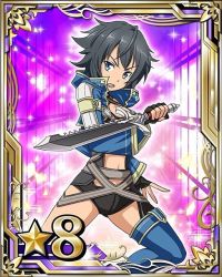 Rule 34 | 10s, 1girl, black gloves, black hair, black shorts, blue eyes, blue thighhighs, breasts, card (medium), cleavage, fingerless gloves, gloves, holding, holding sword, holding weapon, looking at viewer, medium breasts, midriff, navel, open mouth, philia (sao), philia (sao-alo), short hair, short shorts, shorts, solo, star (symbol), sword, sword art online, thighhighs, weapon