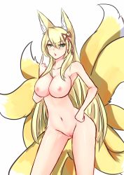Rule 34 | 1girl, animal ear fluff, animal ears, bad id, bad pixiv id, blonde hair, boy (pixiv17542438), breasts, cleavage, cleft of venus, cowboy shot, closed eyes, fox ears, fox tail, green eyes, hair between eyes, hair ornament, hand on own hip, highres, index finger raised, large breasts, large tail, long hair, looking at viewer, mon-musu quest!, multiple tails, navel, nipples, nude, aged up, open mouth, pussy, simple background, solo, spoilers, tail, tamamo (mon-musu quest!), uncensored, very long hair, white background