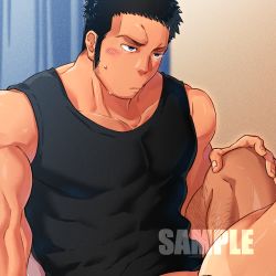 Rule 34 | 2boys, bara, bare shoulders, black hair, black tank top, blush, bottomless, collarbone, covered abs, fanbox, hand on another&#039;s knee, highres, imminent anal, imminent penetration, interracial, large pectorals, leg hair, long sideburns, male focus, multiple boys, muscular, muscular male, naked shirt, original, paid reward available, pectorals, sample watermark, shirt, short hair, sideburns, solo focus, spread legs, tank top, tepen (tptptpn), thighs, watermark, yaoi