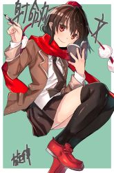 Rule 34 | 1girl, absurdres, black necktie, black skirt, black thighhighs, book, brown coat, brown hair, coat, commentary request, hat, highres, holding, holding book, holding pen, kneesocks senritsu, long sleeves, looking at viewer, necktie, pen, pleated skirt, pom pom (clothes), red eyes, red footwear, red scarf, scarf, shameimaru aya, shirt, shoes, short hair, skirt, smile, solo, thighhighs, thighs, tokin hat, touhou, translation request, white shirt
